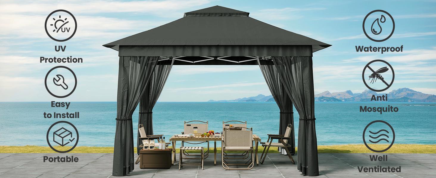 Gizoon 11x11 Pop Up Gazebo Tent with Mosquito Netting, Instant Gazebo, Party Tent with Roller Bag, Pop Up Canopy Tent for Parties Patio Lawn Backyard Garden Deck, Grey Gizoon 11x11 Pop Up Gazebo Tent with Mosquito Netting, Instant Gazebo, Party Tent with Roller Bag, Pop Up Canopy Tent for Parties Patio Lawn Backyard Garden Deck, Grey