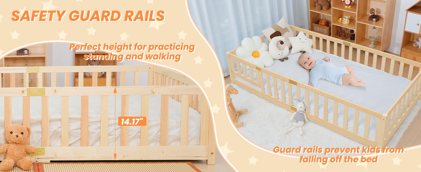 Naudacaa Twin/Full Size Montessori Floor Bed for Kids, Solid Wood Bed Frame with Fence, Door & Safety Guardrails, CPC Certified Naudacaa Twin/Full Size Montessori Floor Bed for Kids, Solid Wood Bed Frame with Fence, Door & Safety Guardrails, CPC Certified