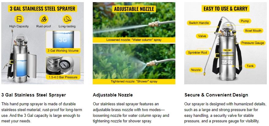 【fathersdaygift】VEVOR Stainless Steel High Pressure Hand Pump SprayerSet with WandHandle & Reinforced HosePressure GaugeSafety Valve & Adjustable NozzleIdeal for Gardening & SanitizingHigh Pressure Spray