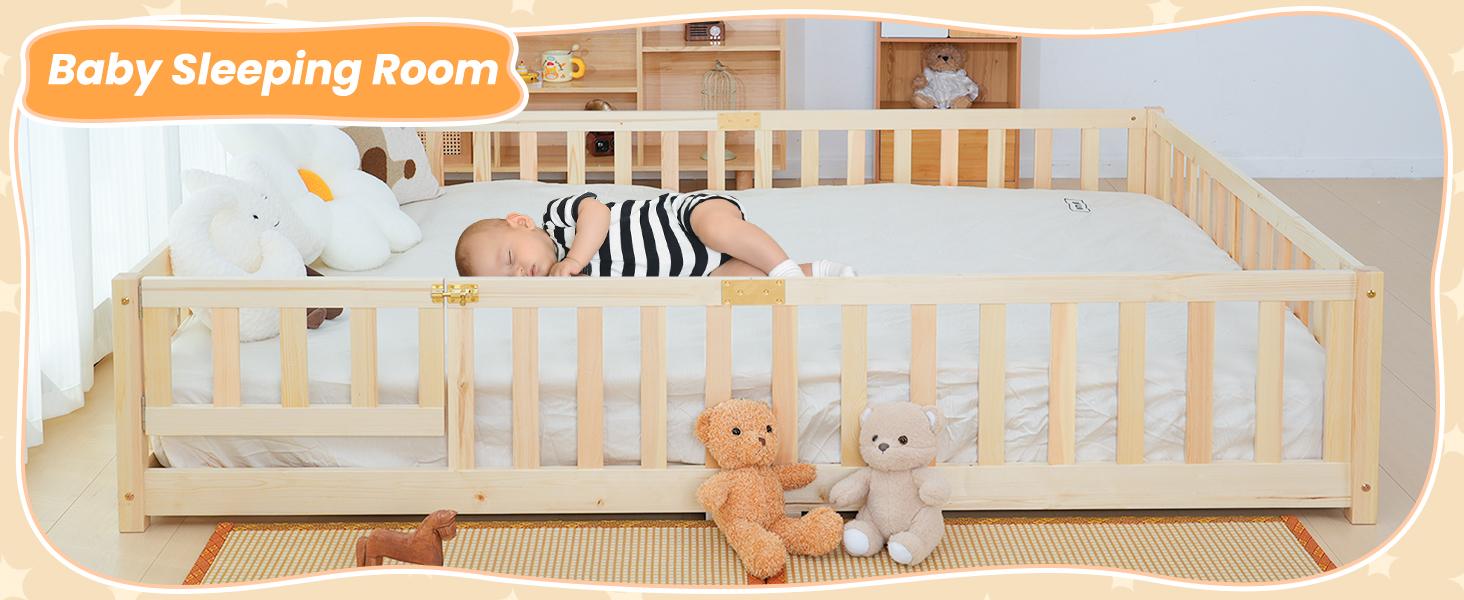 Naudacaa Twin/Full Size Montessori Floor Bed for Kids, Solid Wood Bed Frame with Fence, Door & Safety Guardrails, CPC Certified Naudacaa Twin/Full Size Montessori Floor Bed for Kids, Solid Wood Bed Frame with Fence, Door & Safety Guardrails, CPC Certified