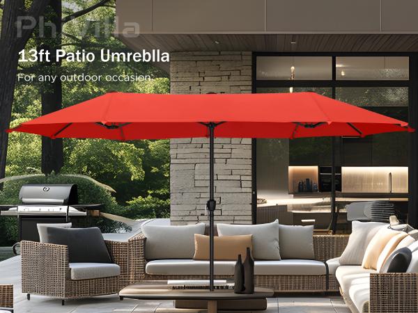 [SummerVibes] PHI VILLA 15 FT Large Outdoor Double-Sided Rectangle Umbrella with LED Lights & Crank Handle, Waterproof, Day & Night Use