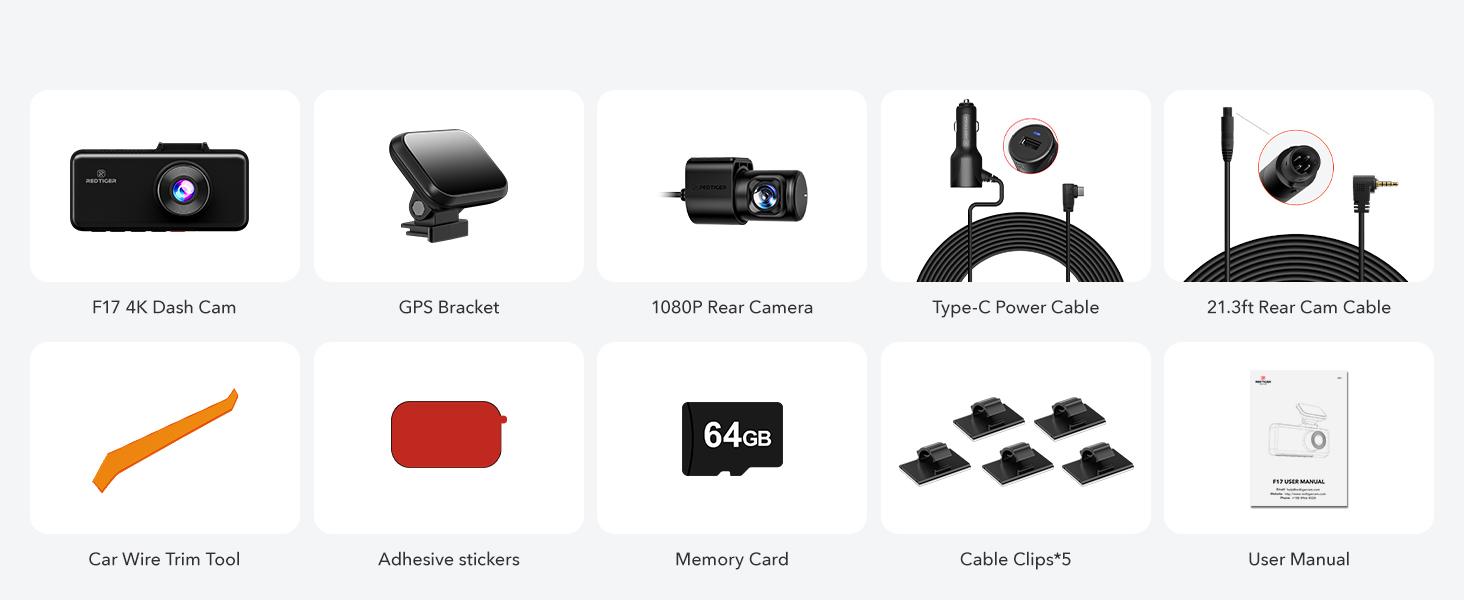 REDTIGER F17 4K 3-Channel Dash Cam with 5GHz WiFi GPS, 64GB Card, 2160P+1080P+1080P Cameras, IR Night Vision, Parking Mode, Car rvibes, Car VLOG, Summervibes