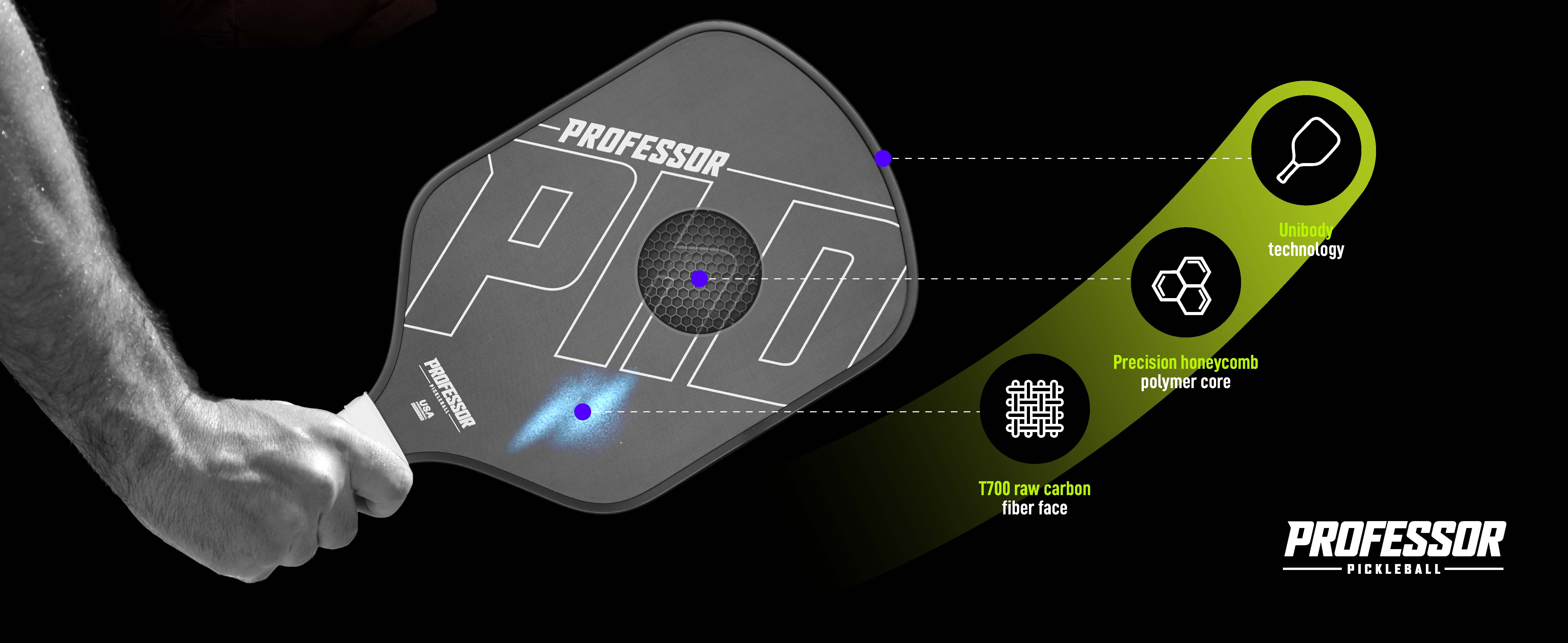 Professor PhD Raw Carbon Fiber Pickleball Paddle - 16MM - USA Pickleball Approved - Honeycomb Core - Power & Control
