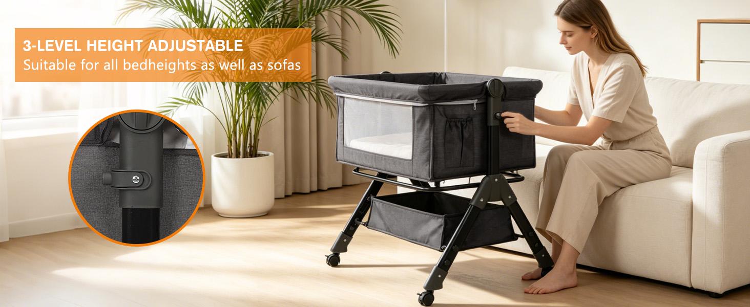 Baby Bassinet,  Crib for Infant and Newborn, Bedside Sleeper with Storage Basket and Mosquito Net, Easy to Fold, Height Adjustable, Portable Side Bed Crib portable Baby Furniture