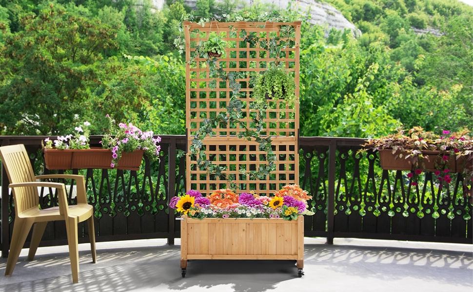 Yaheetech 75/50" H Horticulture Garden Planter with Trellis for Vine Climbing Plants Garden Box Outdoor w/Drainage Holes Raised Garden Bed Garden Planter Box for Flowers