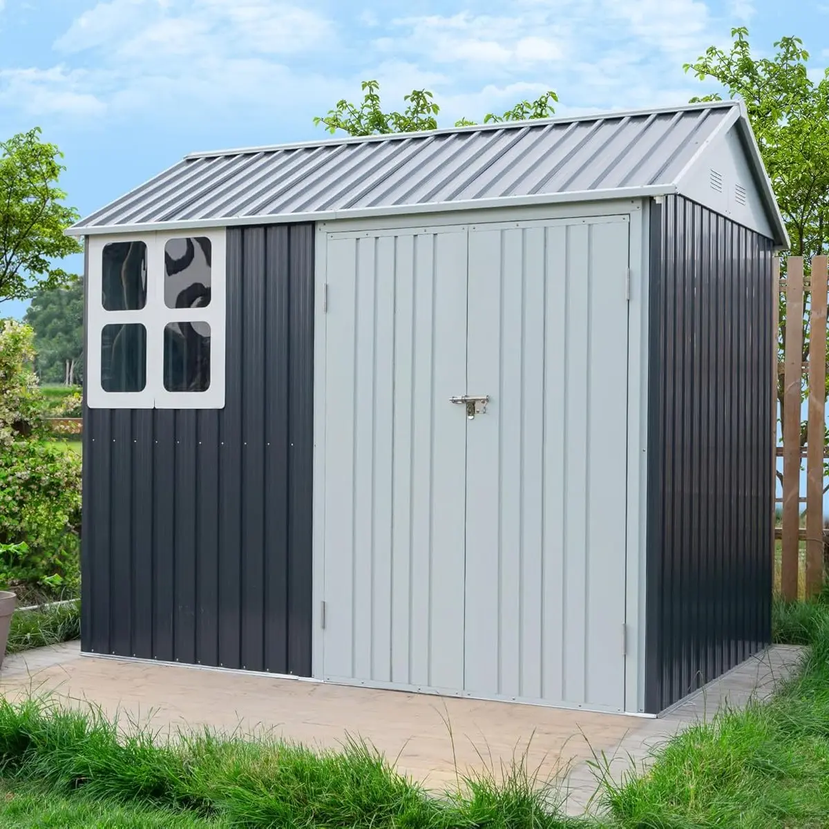 Shed 4-pane Window Nordic Cottage Storage Shed Outdoor Metal Garden House Double Hinged Lockable Doors for Backyard Garden Patio Lawn