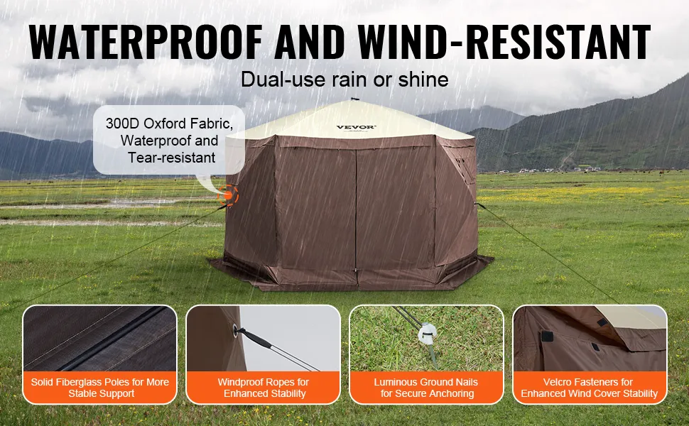 VEVOR pop up gazebo tent in rainy field; waterproof, wind-resistant with fiberglass poles, ropes, and fasteners.