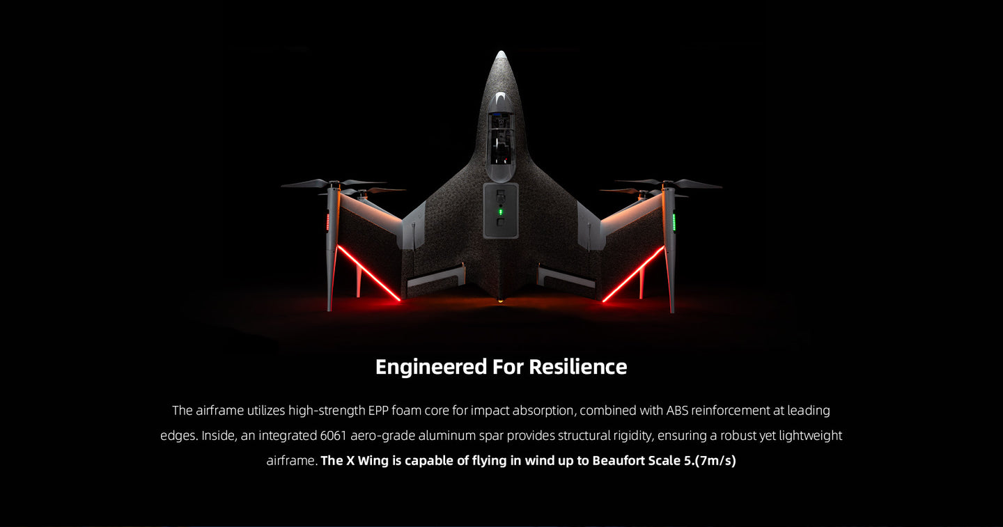 Engineered for resilience - high-strength EPP foam core with ABS reinforcement, 6061 aero-grade aluminium spar, capable of flying in wind up to Beaufort Scale 5 at 7 metres per second