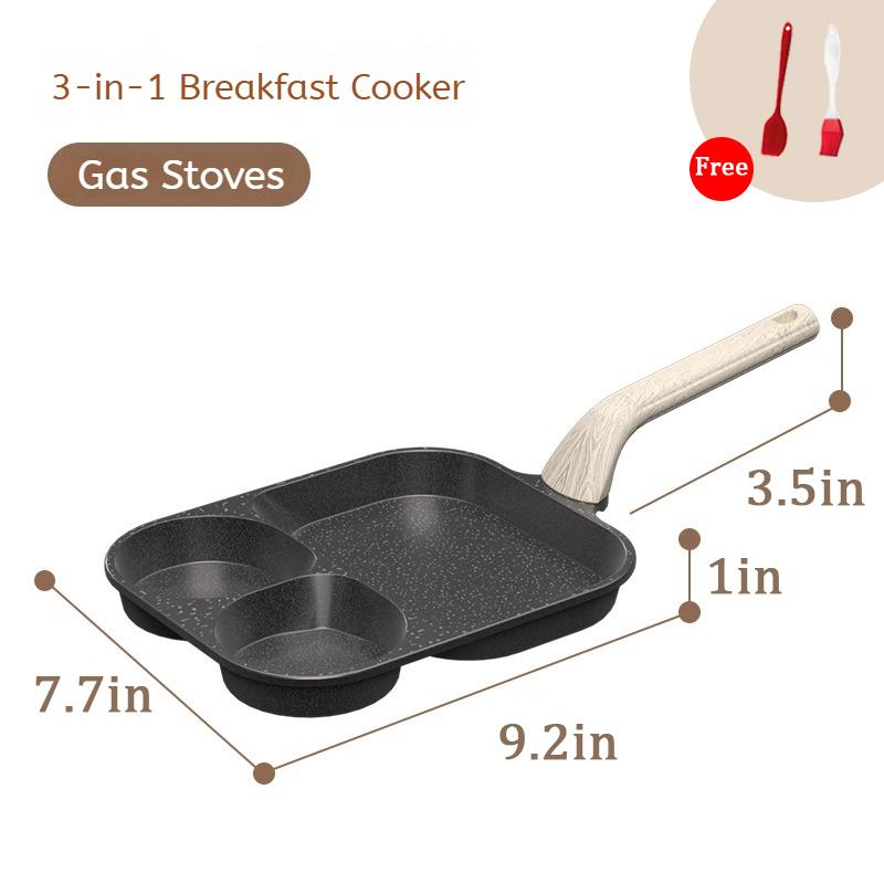 Non-stick Egg Frying Pan, 3 Holes Skillet With Handle, Nonstick 3-In-1 Divided Grill Pan - Multi-Use Egg Cooker, Omelette/Pancake Pan with Steak Function, Gas/Induction Compatible + Free Oil Brush & Scraper，Easy Clean，Breakfast Gadget，Family-Safe，