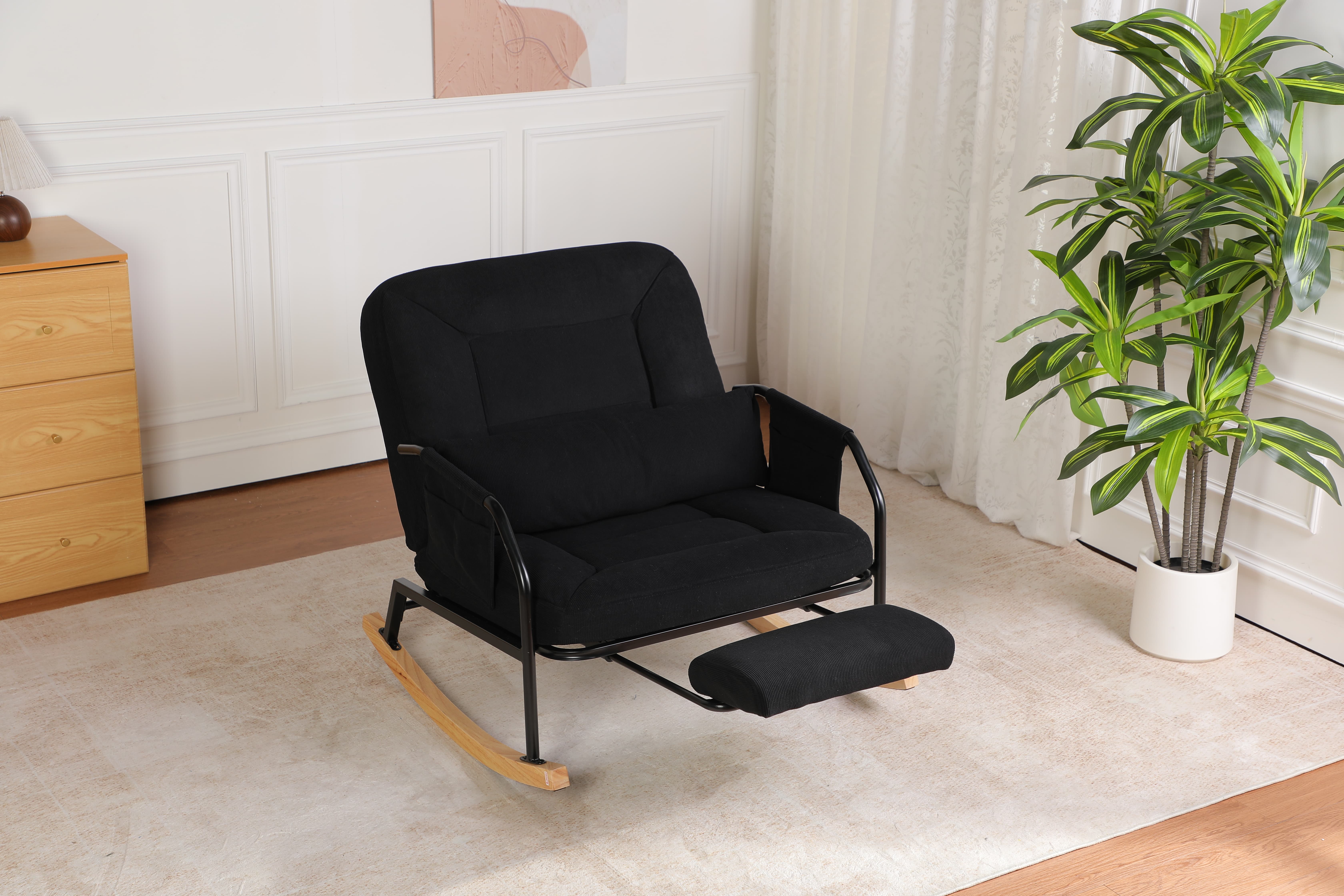[Summervibes] Roomy Nursery Rocking Chair with Corduroy Fabric, Spacious Mom's Nursing Rocking Armchair, Modern Comfortable Angle-Adjustable High-Back Rocker with Side Pocket and Footrest, Suitable for Living Room, Bedroom, Nursery