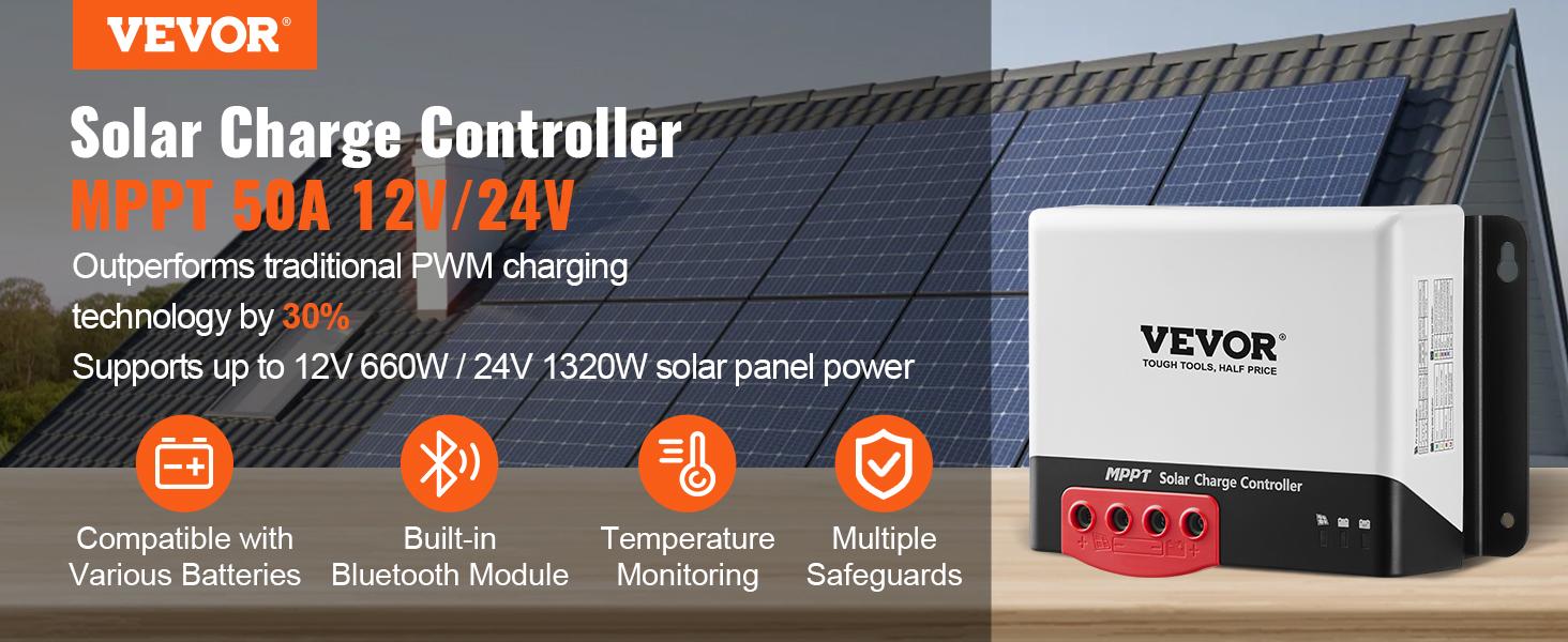 summervibes VEVOR 50A MPPT Solar Charge Controller, 12V/ 24V Auto DC Input, Solar Panel Regulator Charger with Bluetooth Module, 98 Charging Efficiency for Sealed(AGM), Gel, Flooded and Lithium Battery Charging summervibes VEVOR 50A MPPT Solar Charge Controller, 12V/ 24V Auto DC Input, Solar Panel Regulator Charger with Bluetooth Module, 98 Charging Efficiency for Sealed(AGM), Gel, Flooded and Lithium Battery Charging