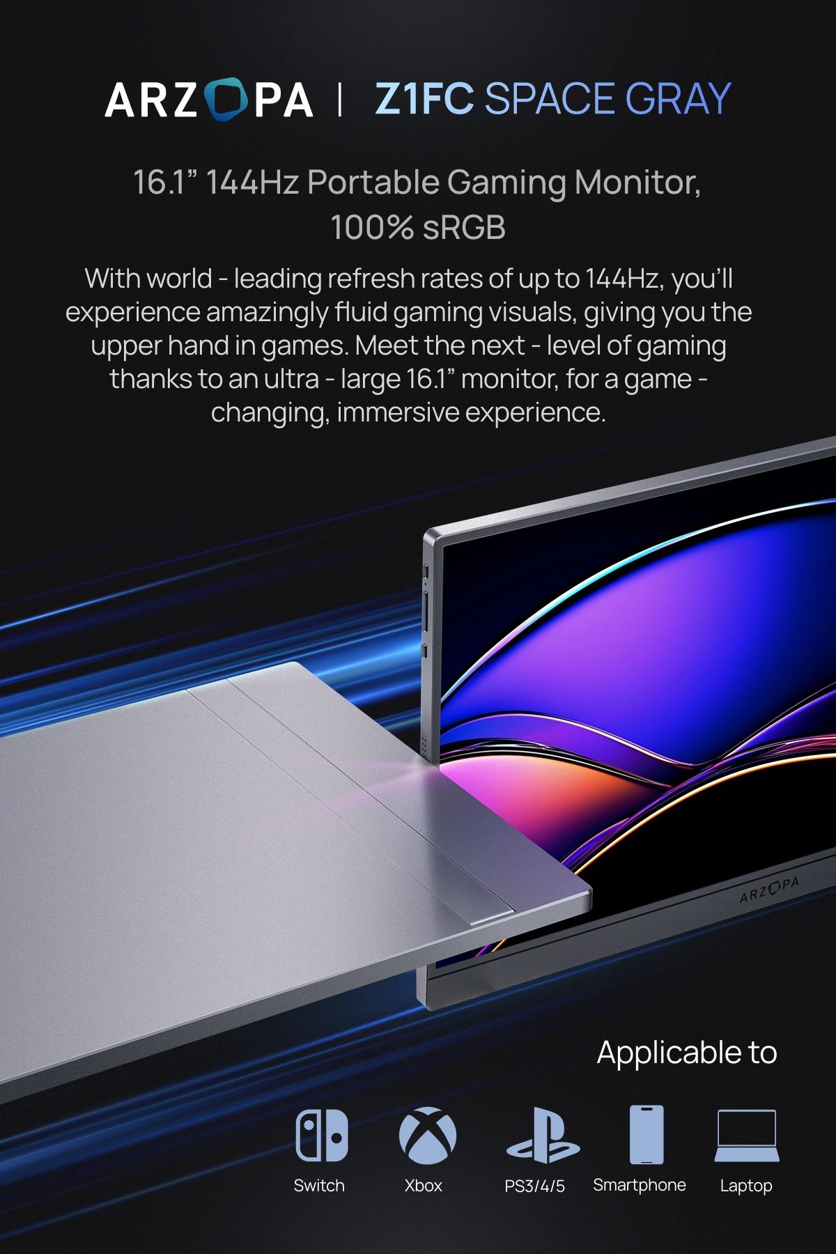 ARZOPA Z1FC, 16.1'' 144Hz Portable Gaming Monitor, 100% sRGB, 1080P FHD, Kickstand Portable Monitor, External Second Screen for PS5 Xbox Laptop PC Switch ARZOPA Z1FC, 16.1'' 144Hz Portable Gaming Monitor, 100% sRGB, 1080P FHD, Kickstand Portable Monitor, External Second Screen for PS5 Xbox Laptop PC Switch