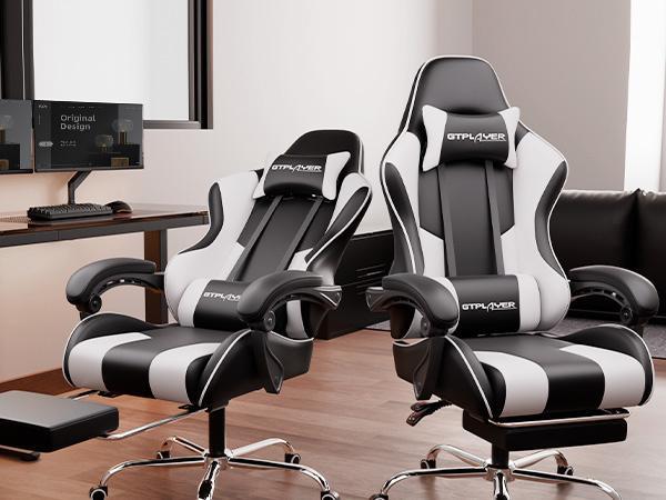 GTPLAYER PU Leather Computer Gaming Chair - Ergonomic 360° Swivel Office & Man Cave Furniture with Padded Arms, Footrest, Lumbar Support, Headrest, Height Adjustment (Pearl White)