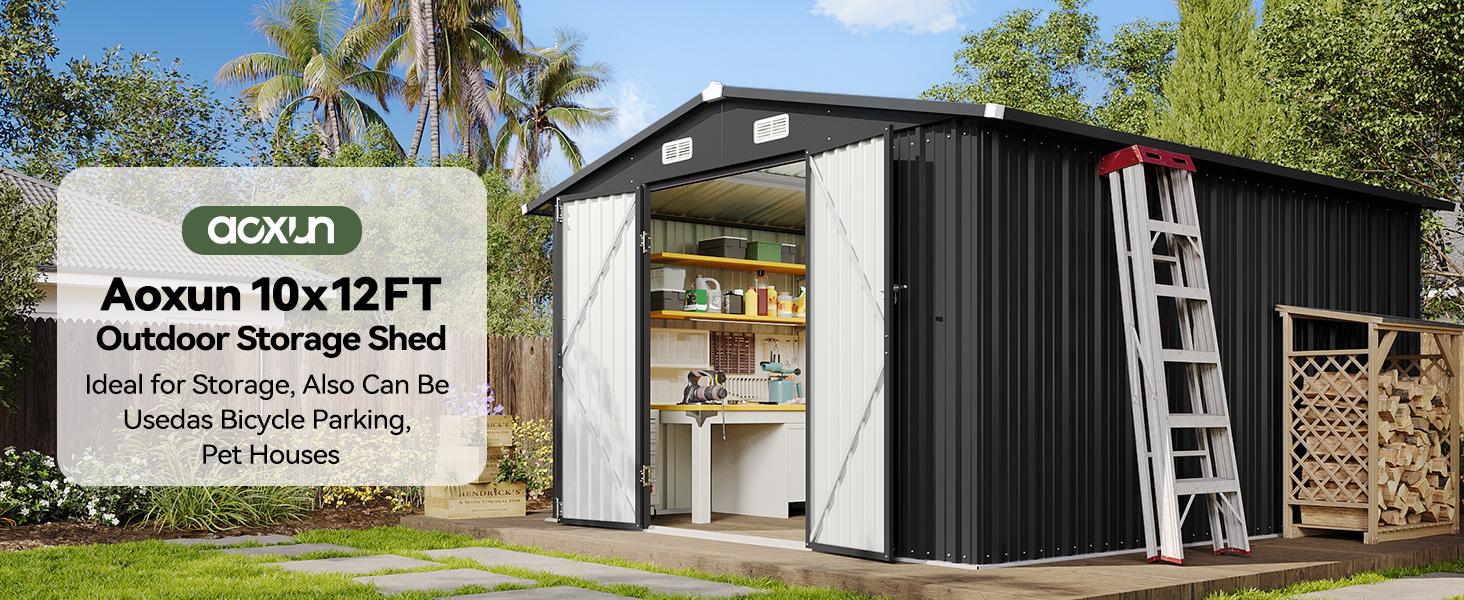Aoxun Outdoor Storage Shed Metal Garden Tool Shed with Sloping Roof Lockable Door for Patio Lawn Backyard Black Organizer for Garden Tools & Shelf Organization