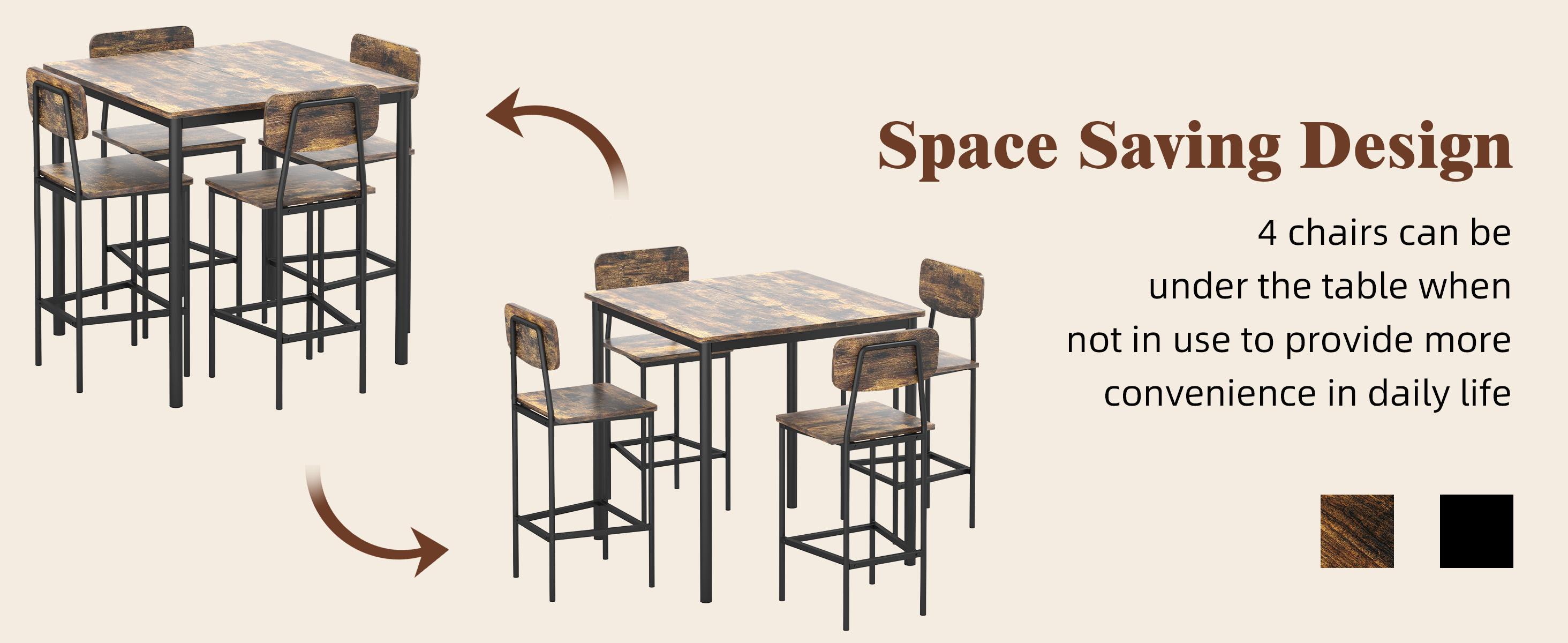 Dining Table Set for 4, Retro Kitchen Table and Chairs Set for 4, Metal Frame, Space-Saving Table and Chairs Set of 4 for Small Place, Living Room, Breakfast Nook Summervibes