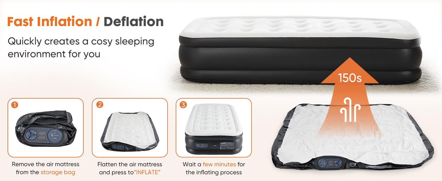 Portable Quick-Inflate Inflatable Airbed with Built-in High-Capacity Pump, Double Height, Non-Slip Bottom, 660 lbs Weight Capacity, for Home & Camping (Sports & Outdoor Camping Sleeping Gear), Portable Airbed
