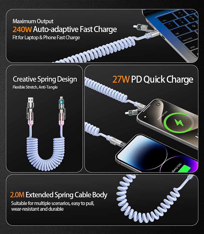 2026 Upgraded 240W Fast Charging Cable with RGB Light & Fragrance 4-in-1 Telescopic Spring Design 2m Length for iPhone Samsung Motorola CarHomeOffice Smartphone Cellphone Retractable Fast Charger Retractable Cord