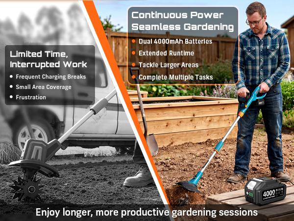 SEESII Electric Tiller for Gardening, 360 RPM Rototiller Cordless Cultivator, Total 8000mAh Battery Powered Garden Tiller 4 Pcs Blades for Smooth Tilling, Handheld Tiller for Raised Garden Beds Outdoorfun#fathersdaygift
