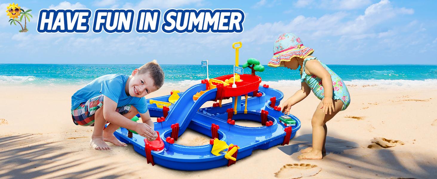 VATOS 2-Tier Water Table for Toddlers in Summer,100PCS DIY Waterways Playset with Pump for Outside Yard,Beach,Poolside Activity Sensory Play Table Addition for Kids Boys Girls Age 3 4 5 6 Year Old Summer Vibes