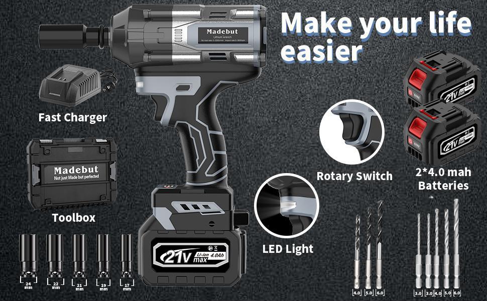 1000N.m Cordless Impact Wrench, Madebut, All-Metal Cordless Impact Gun with 2 * 4.0Mah, 3-IN-1 Electric Impact Wrench with 5 Sleeves Brushless Drill Drill Attachment ,impact drill, impact gun,  impact driver