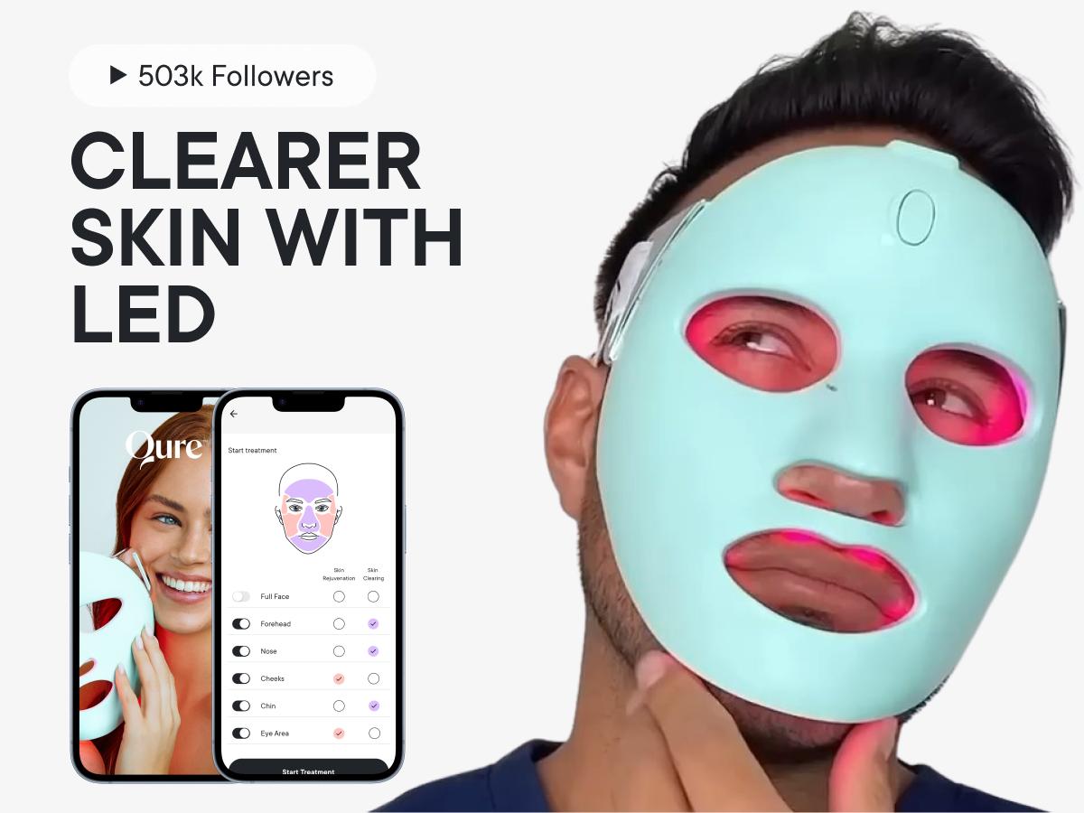 Qure LED Light Therapy Mask for Face - FDA Cleared for Wrinkles & Acne Treatment with 3 Modes, 5 Facial Areas &  5 Lights: Red, Deep-Red, Blue, Amber & Infrared, 3-Min Daily, Eye-Protection, Smart App