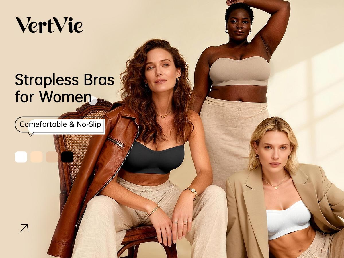 Vertvie|ZOE Stay Put Bandeau Bra, Strapless Bra Wireless Seamless Comfort Day Vertvie|ZOE Stay Put Bandeau Bra, Strapless Bra Wireless Seamless Comfort Day