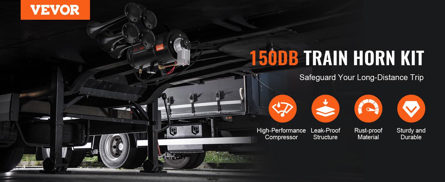 VEVOR Train Horns Kit, Summervibes,Summervibes, 4 Trumpet Air Horn Kit, 150dB Train Horns for Pickup Trucks, 12V 120 psi Air Compressor 0.8 Gal/3 L Tank with Gauge for Any 12V Vehicle Car Truck Train Van Boat Power Sound Accessory VEVOR Super Brand Day