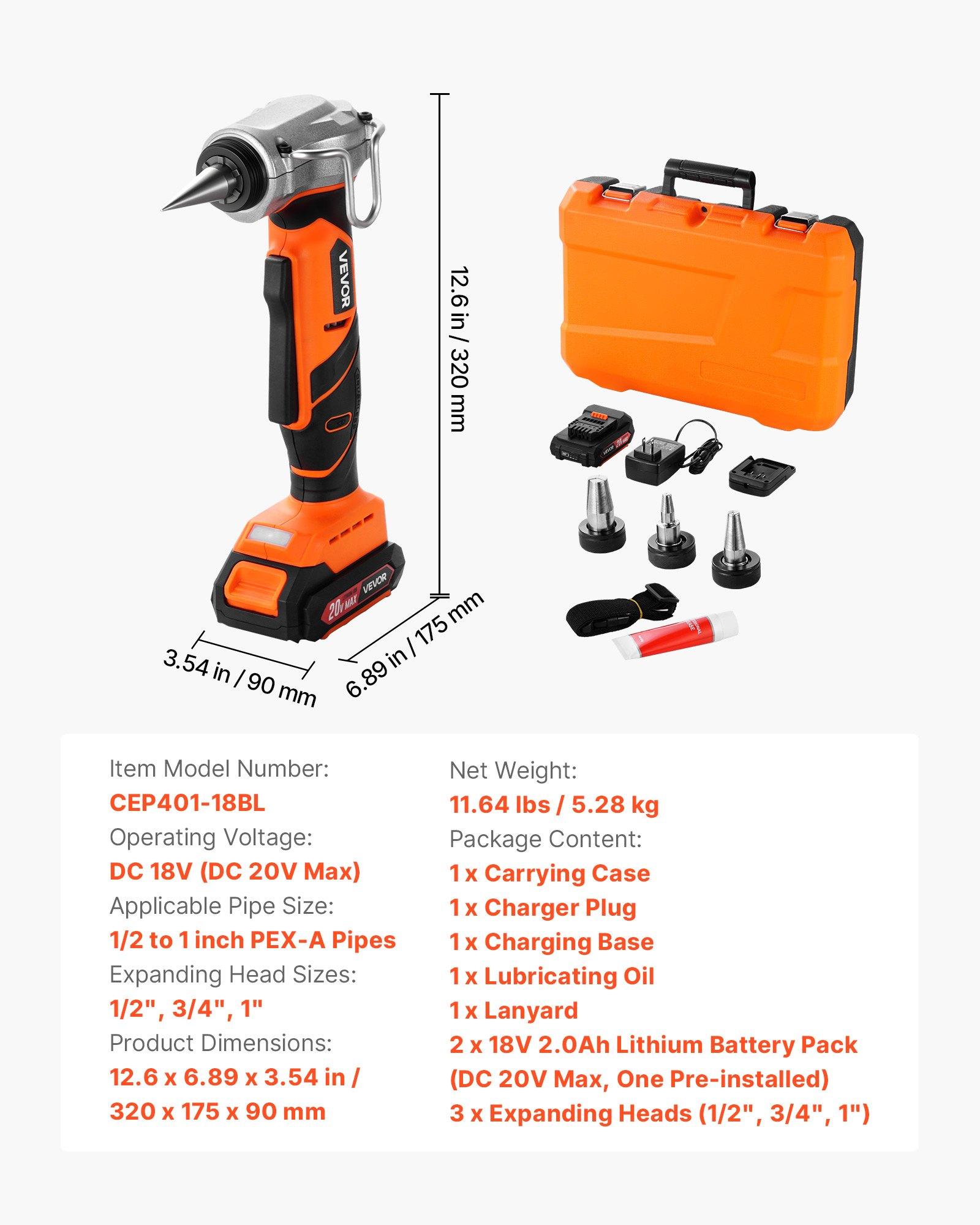 【DealsForYouDays】VEVOR 20V Max Cordless Tube Expander Construction Tool, 22000RPM Electric Tubing Expansion Tool for 1/2"-1" PEX-A Pipes, 3 Expanding Heads, 2x2AH Batteries, Fast Charging Charger, Carrying Case, Construction Tools