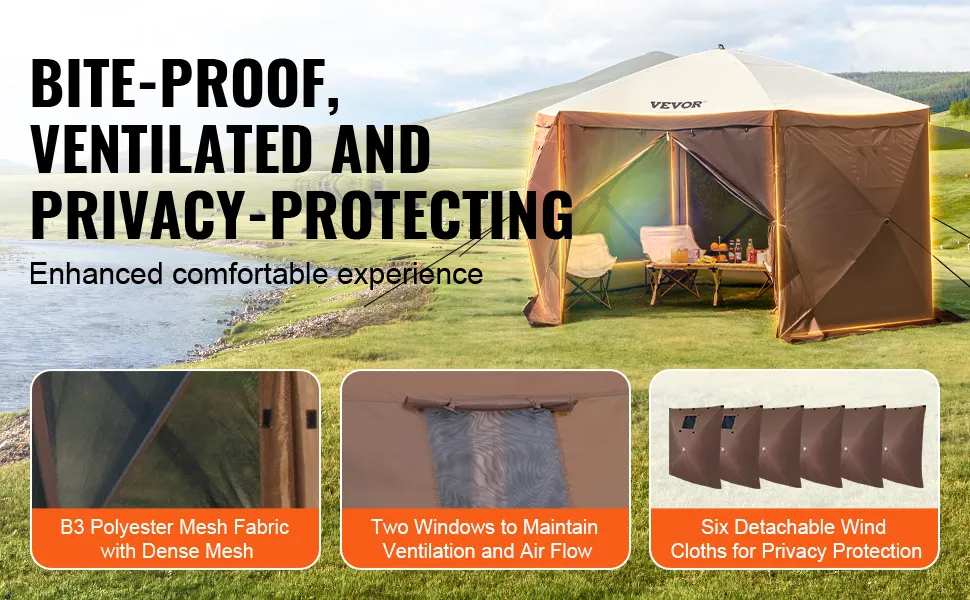 VEVOR pop up gazebo tent with mesh fabric, two windows for ventilation, and six privacy wind cloths.