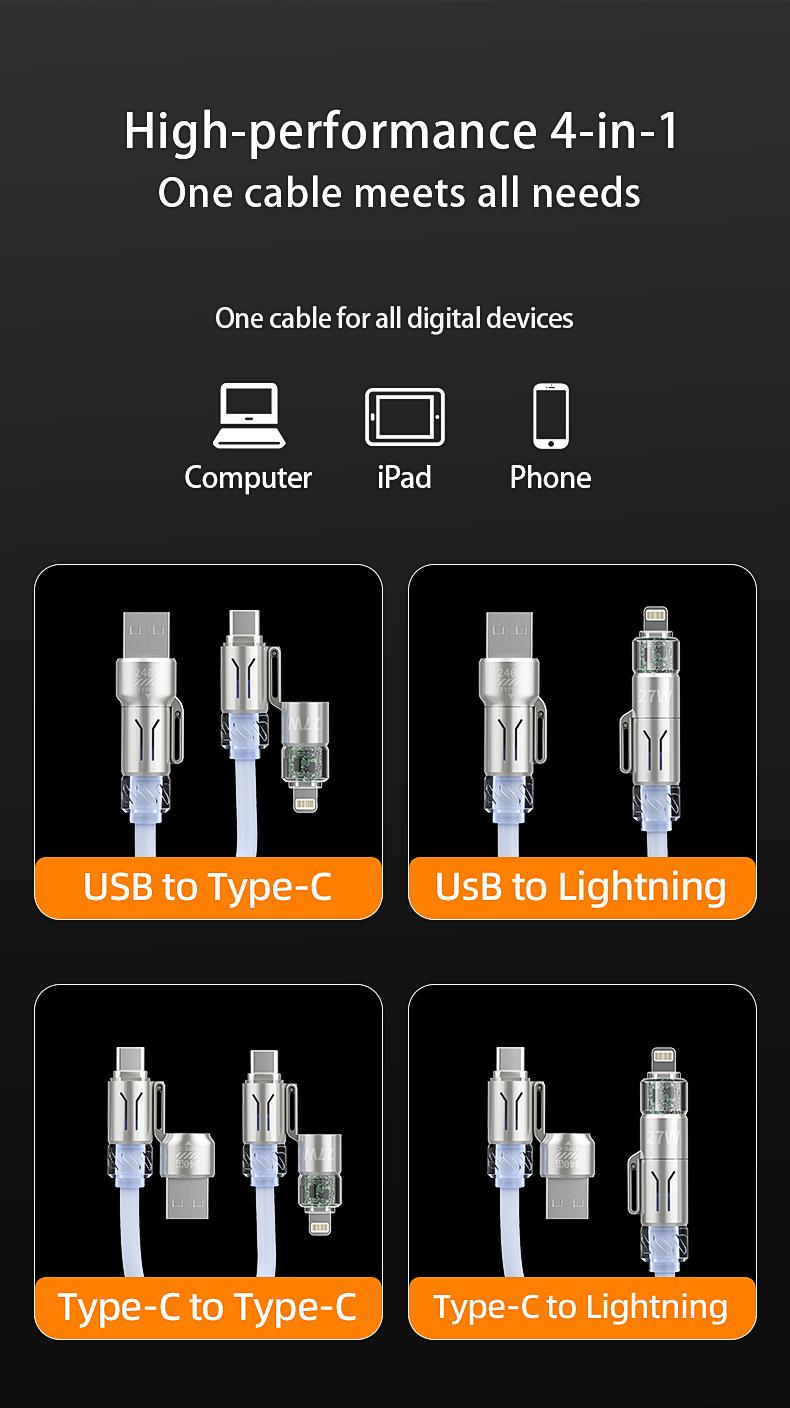 2026 Upgraded 240W Fast Charging Cable with RGB Light & Fragrance 4-in-1 Telescopic Spring Design 2m Length for iPhone Samsung Motorola CarHomeOffice Smartphone Cellphone Retractable Fast Charger Retractable Cord