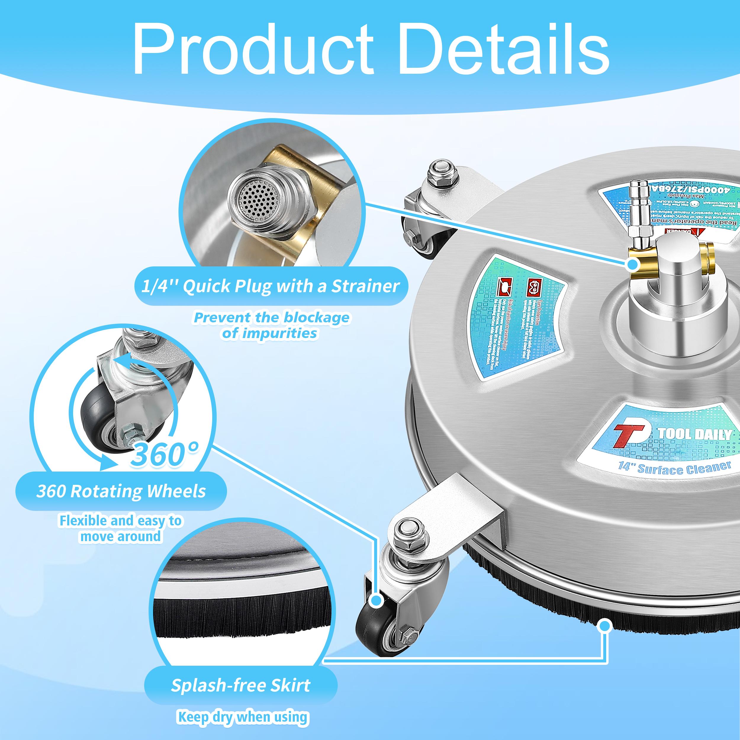 Tool Daily 14&rdquo; Heavy Duty Pressure Washer Surface Cleaner, Stainless Steel High Pressure Washer Accessory for Driveway Cleaning, with 4 Wheels, 2 Extension Wands, 4000 PSI, Pressure Washer Accessories，summer vibes,father'sdaygifts【DealsForYouDays】
