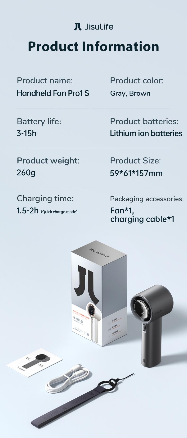 JISULIFE Handheld Fan PRO1 - 5000mAh Battery, 9m/s Wind Speed, Digital Display, USB Rechargeable, Portable Fan for Travel & Outdoor, Gifts for Women Men, Brushless Motor, 15000 RPM, 3-15 Hours Cooling
