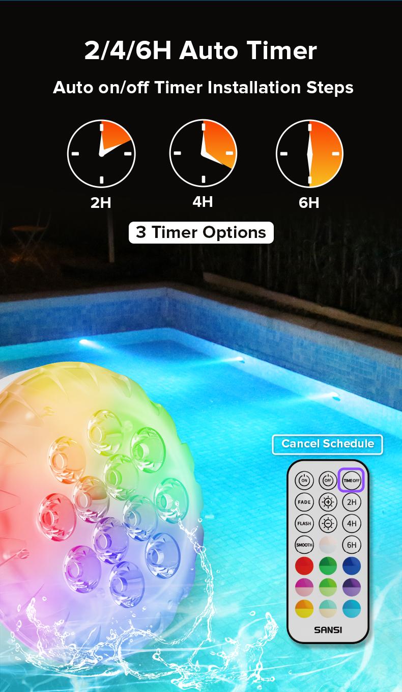 SANSI RGB Pool Lights with RF Remote & Timer &ndash; Waterproof, Battery Operated, Flash/Fade/Smooth Modes, Magnetic & Suction Installation &ndash; Portable for Showers, Pools, Outdoors &ndash; Perfect for Garden SummerVibes