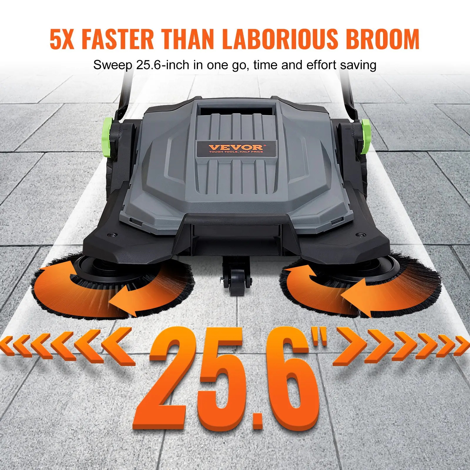 Walk-Behind Floor Sweeper – 25.6'' Manual Push Sweeper with 5-Gallon Waste Container for Yard, Garage & Patio