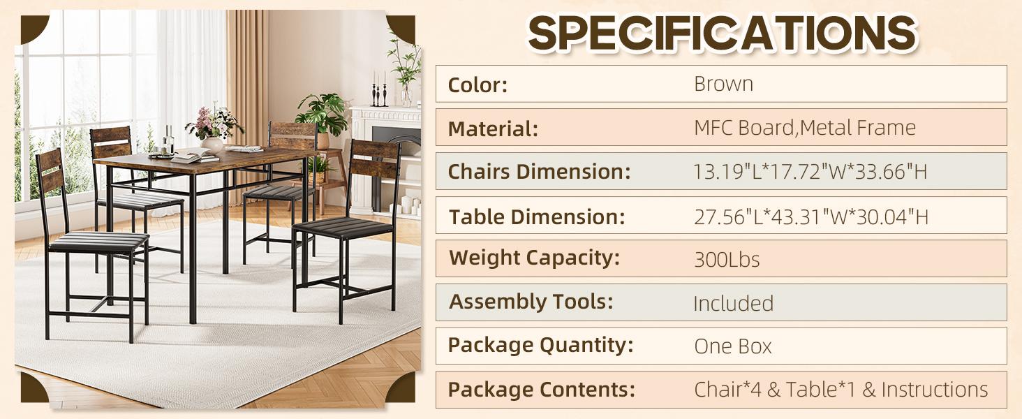 Dining Table Set for 4, Retro Kitchen Table and Chairs Set for 4, Metal Frame, Space-Saving Table and Chairs Set of 4 for Small Place, Living Room, Breakfast Nook Summervibes