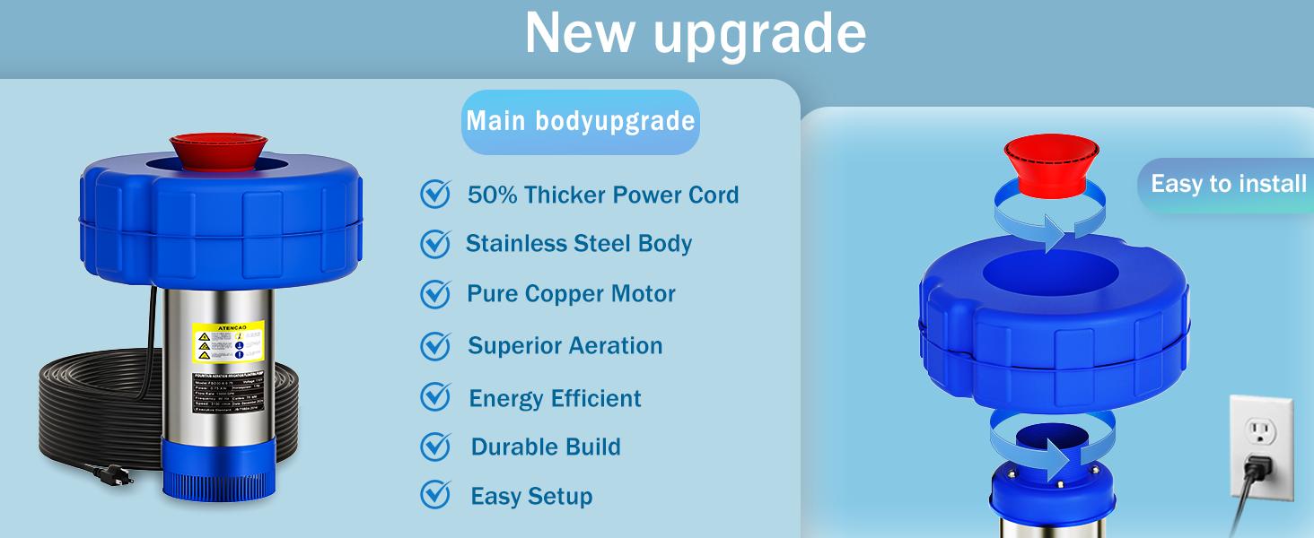 Pond Fountain Aerator  1HP 110V 750W 15000 GPH Floating Fountain Pump with 100 FT Power Cord  2 x 100 FT Rope Timer  Fully Automatic Powerful Aerating Fountain for Larger Ponds, Lakes