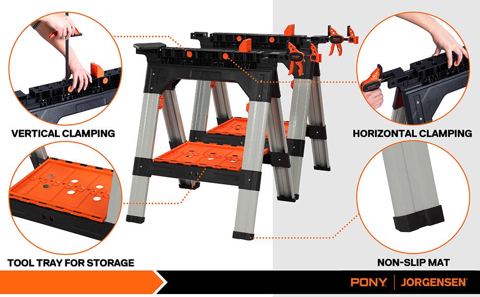#Summervibes PONY 2-Pack Clamping Sawhorses, 1200 LBS Load Capacity, 30-3/4" Folding Sawhorse with 12&rdquo; F Clamps, Bench Dogs, Angle Clamps, 2" Spring Clamps, Steel Legs, Heavy Duty for Woodworking