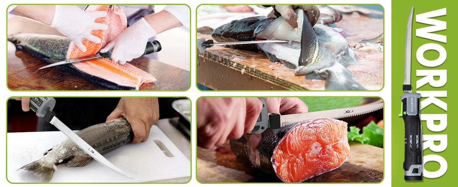 #Summervibes WORKPRO 12V Cordless Electric Fillet Knife with 8"& 10"Razor-Sharp Blades, Cordless Fillet Knife with Non-slip Grip Handle and Safety Lock, 2 Rechargeable Battery Packs, 1 Quick Battery Charger, and 1 Storage Carry Case for Fishing