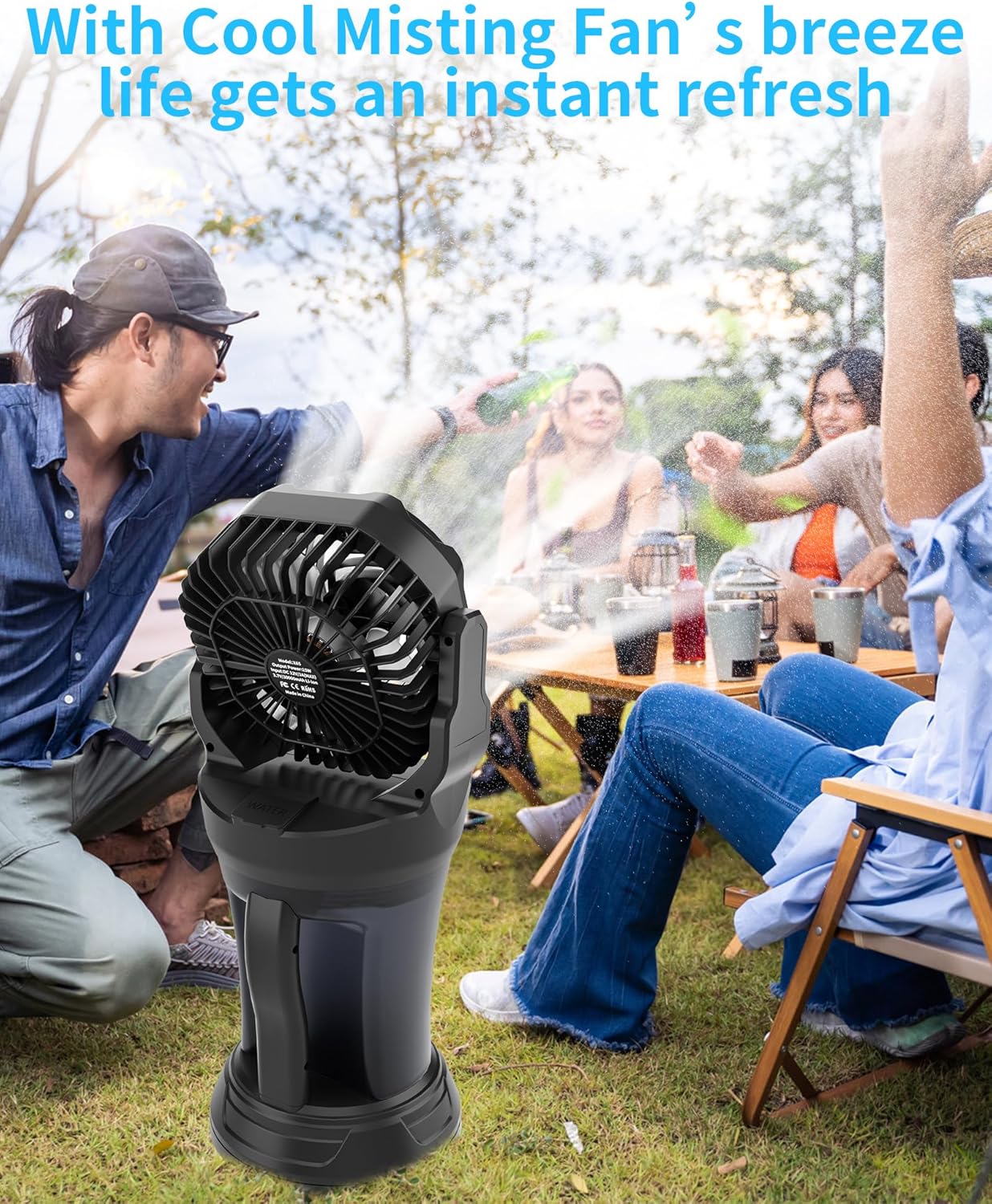 2026 New Portable Misting Fan with 38000mAh Rechargeable Battery, 120° Auto Oscillating Battery Powered Fan, 4 Speeds Spray Fan with LED ambient light for Camping, Patio, Outdoor/indoor, Travel (Black),Father's Day gift that won't collect dust