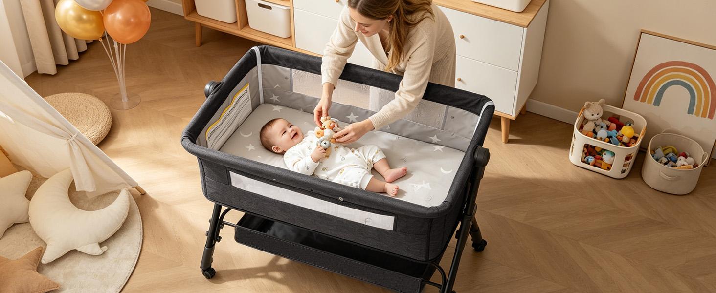 Baby Bassinet,  Crib for Infant and Newborn, Bedside Sleeper with Storage Basket and Mosquito Net, Easy to Fold, Height Adjustable, Portable Side Bed Crib portable Baby Furniture