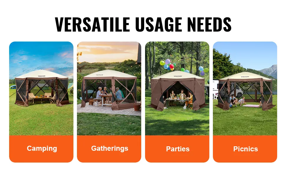 VEVOR pop up gazebo tent used for camping, gatherings, parties, and picnics in various outdoor settings.