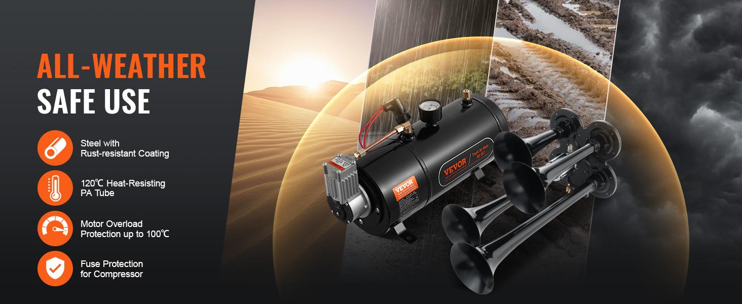 VEVOR Train Horns Kit, Summervibes,Summervibes, 4 Trumpet Air Horn Kit, 150dB Train Horns for Pickup Trucks, 12V 120 psi Air Compressor 0.8 Gal/3 L Tank with Gauge for Any 12V Vehicle Car Truck Train Van Boat Power Sound Accessory VEVOR Super Brand Day