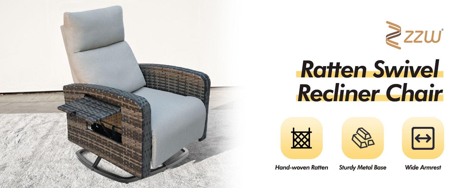 ZZWHOM PE Wicker Recliner Chair with Side Table – 1/2 PCS Set, Outdoor Patio Chair with Reclining Back, Swivel & Non-Swivel Options Available, All-Weather Resin Wicker Chair for Balcony Backyard Poolside