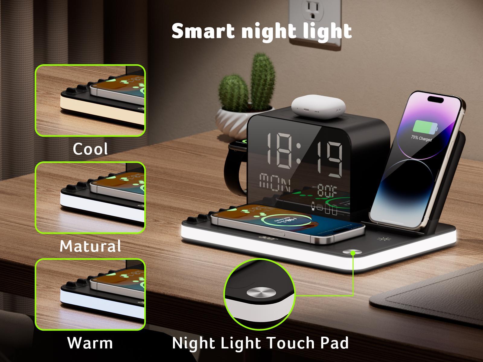 Acer 7 in 1 Wireless Charging Station with Fast Wireless Charger, LED Night Light, Bluetooth Time Sync Clock & Temperature Display, USB-A & USB-C, Magnetic MagSafe &ndash; for iPhone, Android Phone, Apple Watch & AirPods, Gift