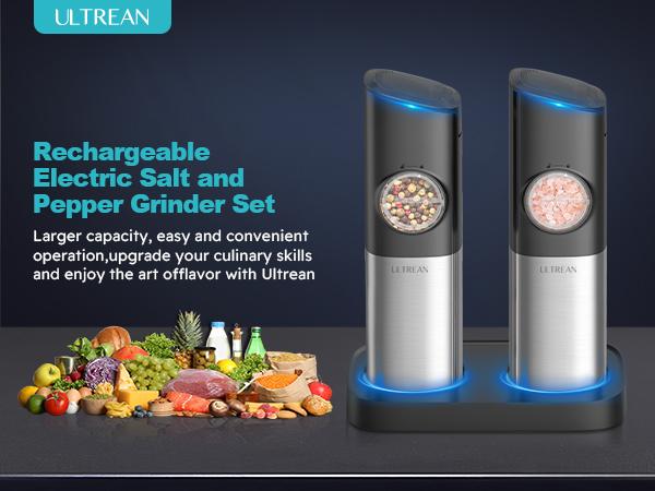 Ultrean Electric Salt & Pepper Grinder Sets, 2pcs Rechargeable, Adjustable, Modern Stainless Steel Construction, Seasoning Auto Dust Lids, LED one-hand operation Kitchen Utensils Ultrean Electric Salt & Pepper Grinder Sets, 2pcs Rechargeable, Adjustable, Modern Stainless Steel Construction, Seasoning Auto Dust Lids, LED one-hand operation Kitchen Utensils