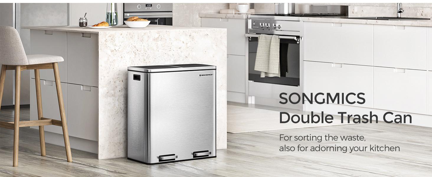 SONGMICS Stainless Steel Trash Can Garage Can Multi-Compartment Plastic Inner Buckets and Hinged Lids Soft Closure Kitchen