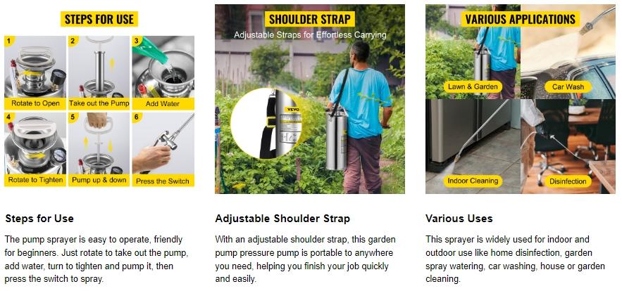 【fathersdaygift】VEVOR Stainless Steel High Pressure Hand Pump SprayerSet with WandHandle & Reinforced HosePressure GaugeSafety Valve & Adjustable NozzleIdeal for Gardening & SanitizingHigh Pressure Spray
