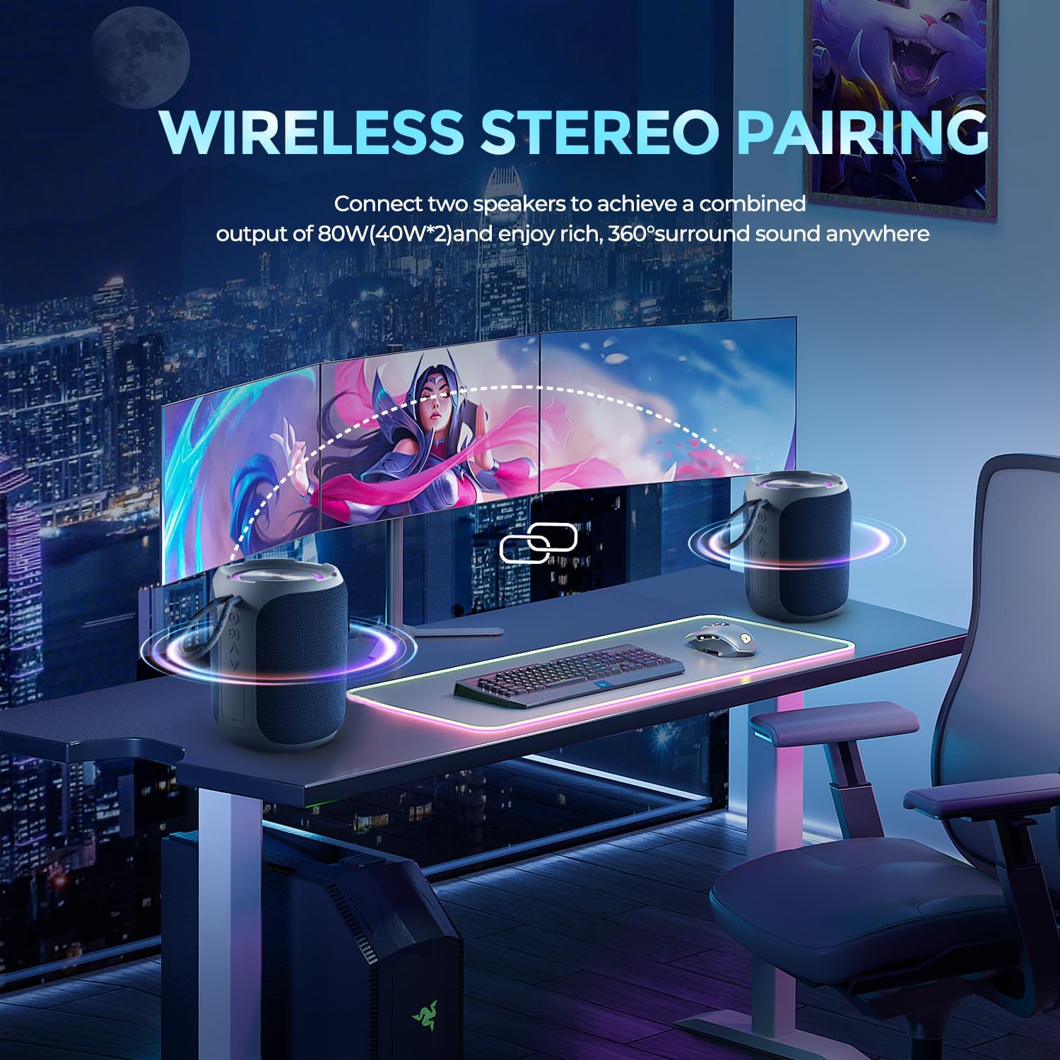 Portable Bluetooth Speaker, Bluetooth 5.3 40W Wireless Stereo with Deep Bass, RGB Lights, IPX7 Waterproof, Long-Lasting Battery, TWS Pairing for Outdoor, Party, Shower & Home