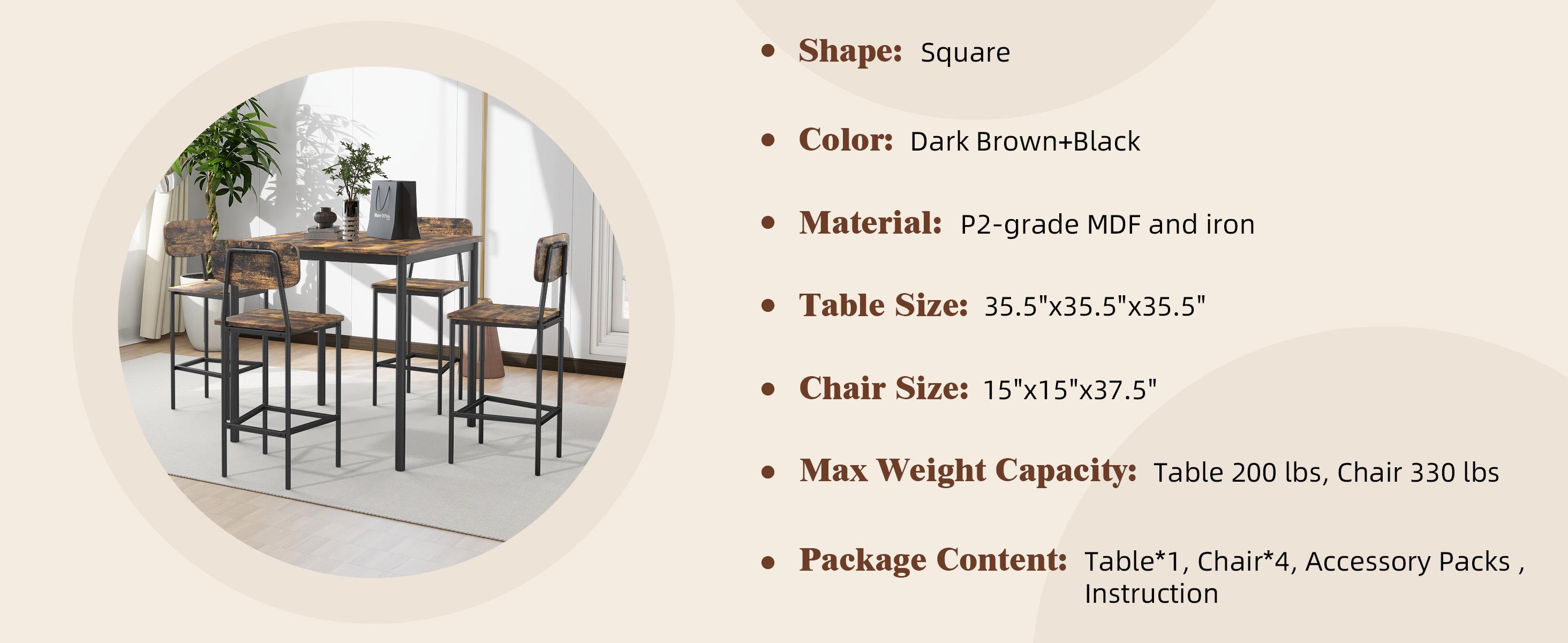 Dining Table Set for 4, Retro Kitchen Table and Chairs Set for 4, Metal Frame, Space-Saving Table and Chairs Set of 4 for Small Place, Living Room, Breakfast Nook Summervibes