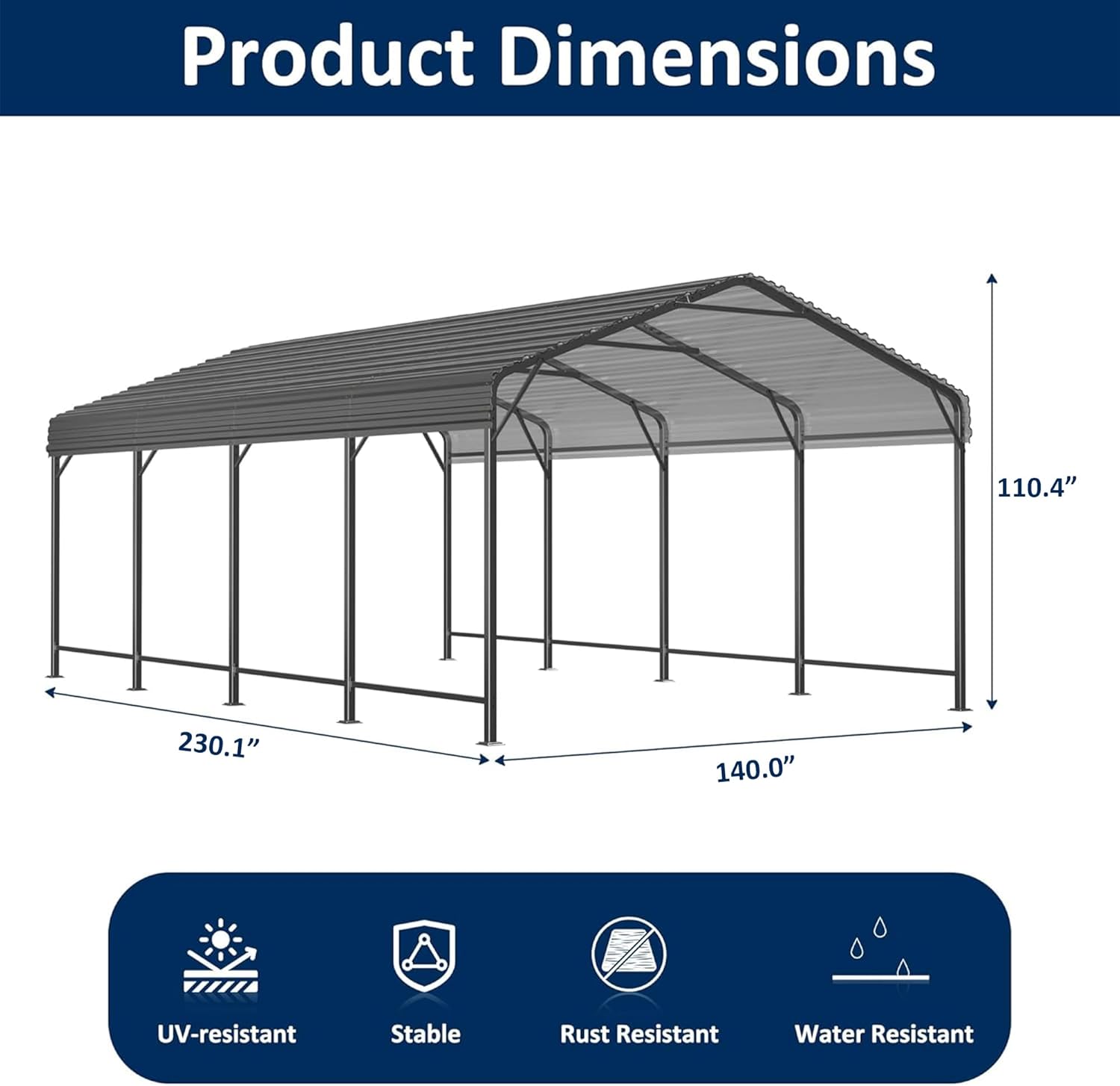 Heavy Duty Car Port Canopy with Reinforced Base and Galvanized Steel Roof & Frame, 2 Car Garage Shelter for Car, Boats and Trucks
